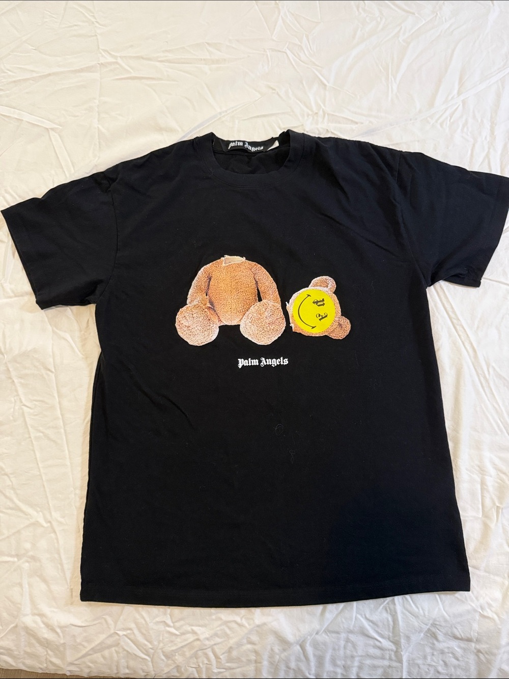 Palm Angels Black Tee with Brown Bear and Yellow Smiley